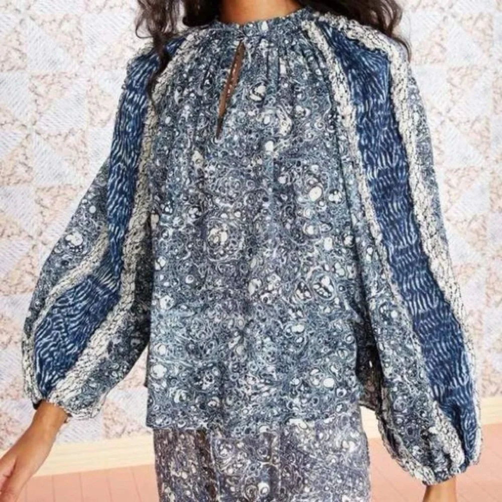 Ulla Johnson NEW Kana Indigo Ruffle Puff Sleeve Peasant Blouse Women’s size 6